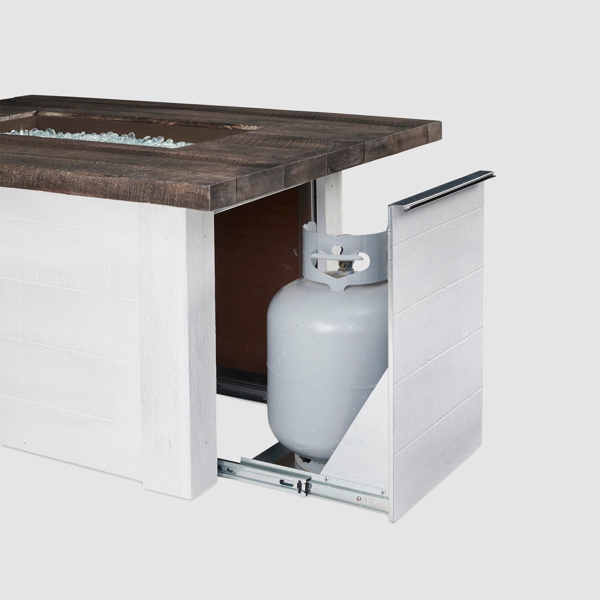 The side access door of the Alcott Rectangular Gas Fire Pit Table on a grey background