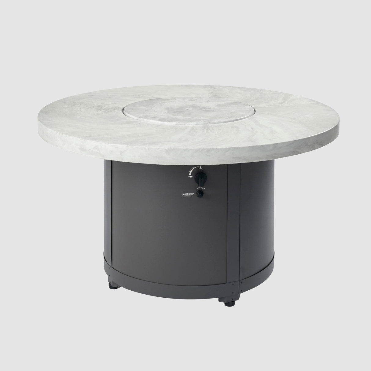 The White Onyx Beacon Round Gas Fire Pit Table with its cover on