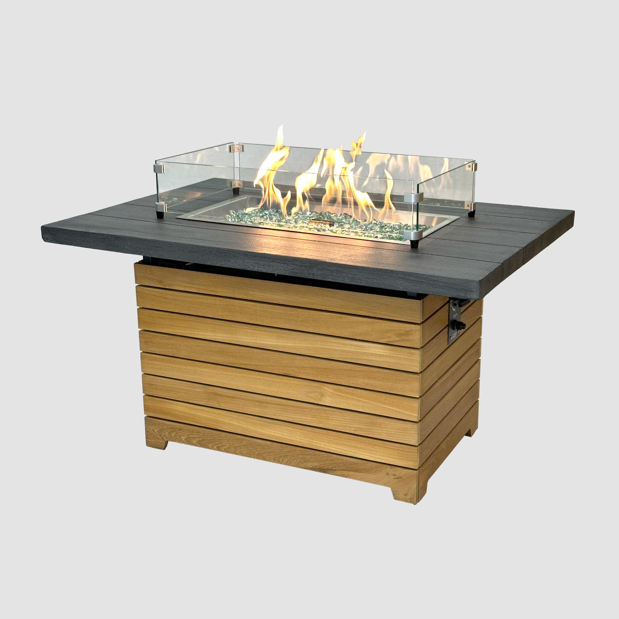 Darien Gas Fire Pit Table with Flame and Glass Wind Guard on a grey background