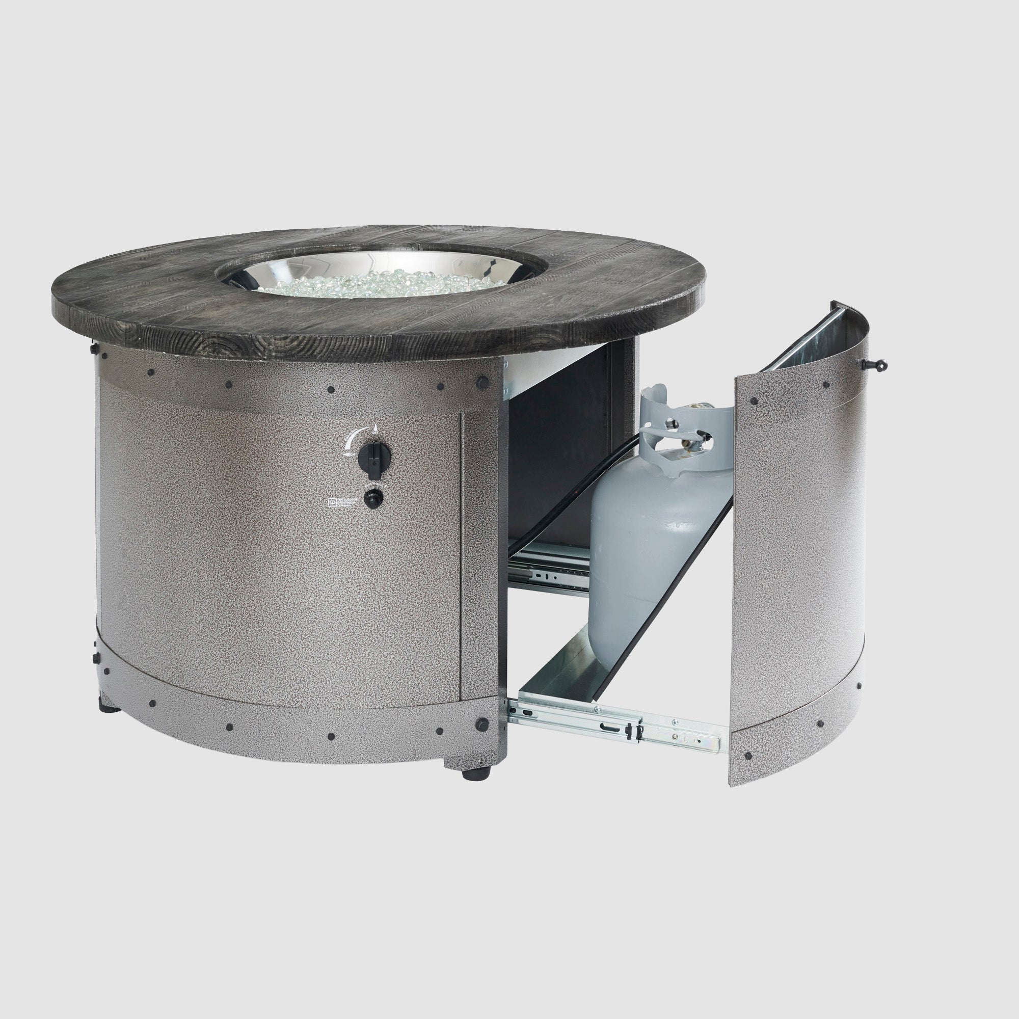 The side access door open on an Edison Round Gas Fire Pit Table on a grey background