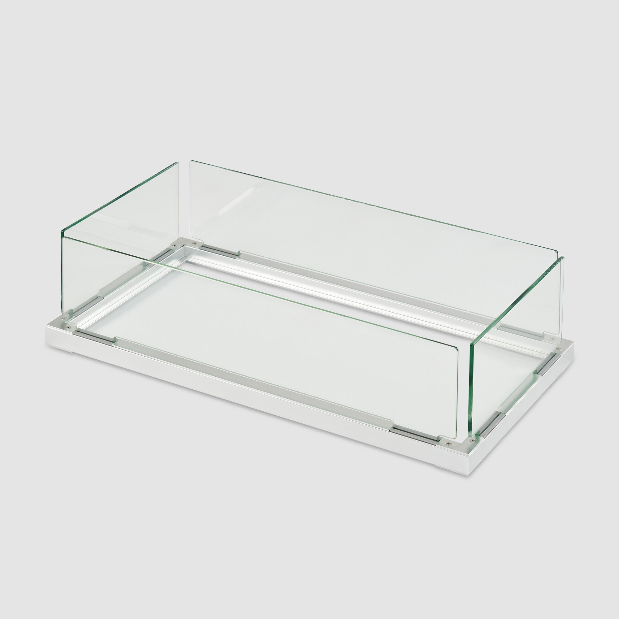 The Linear Folding Glass Wind Guard on a grey background