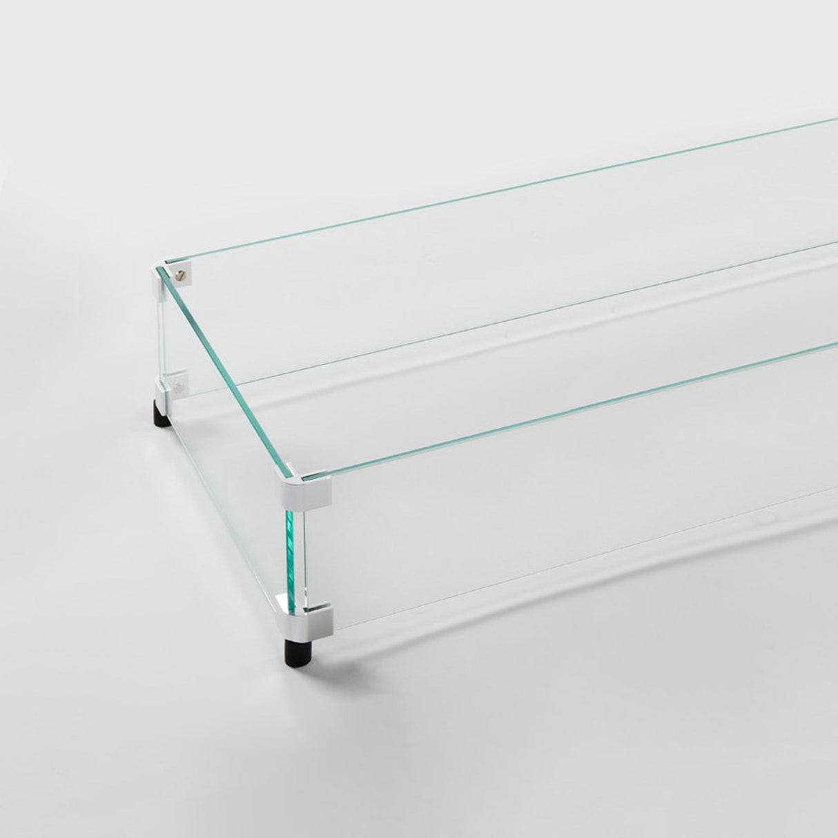 A side view of the Linear Glass Wind Guard set up on a white background
