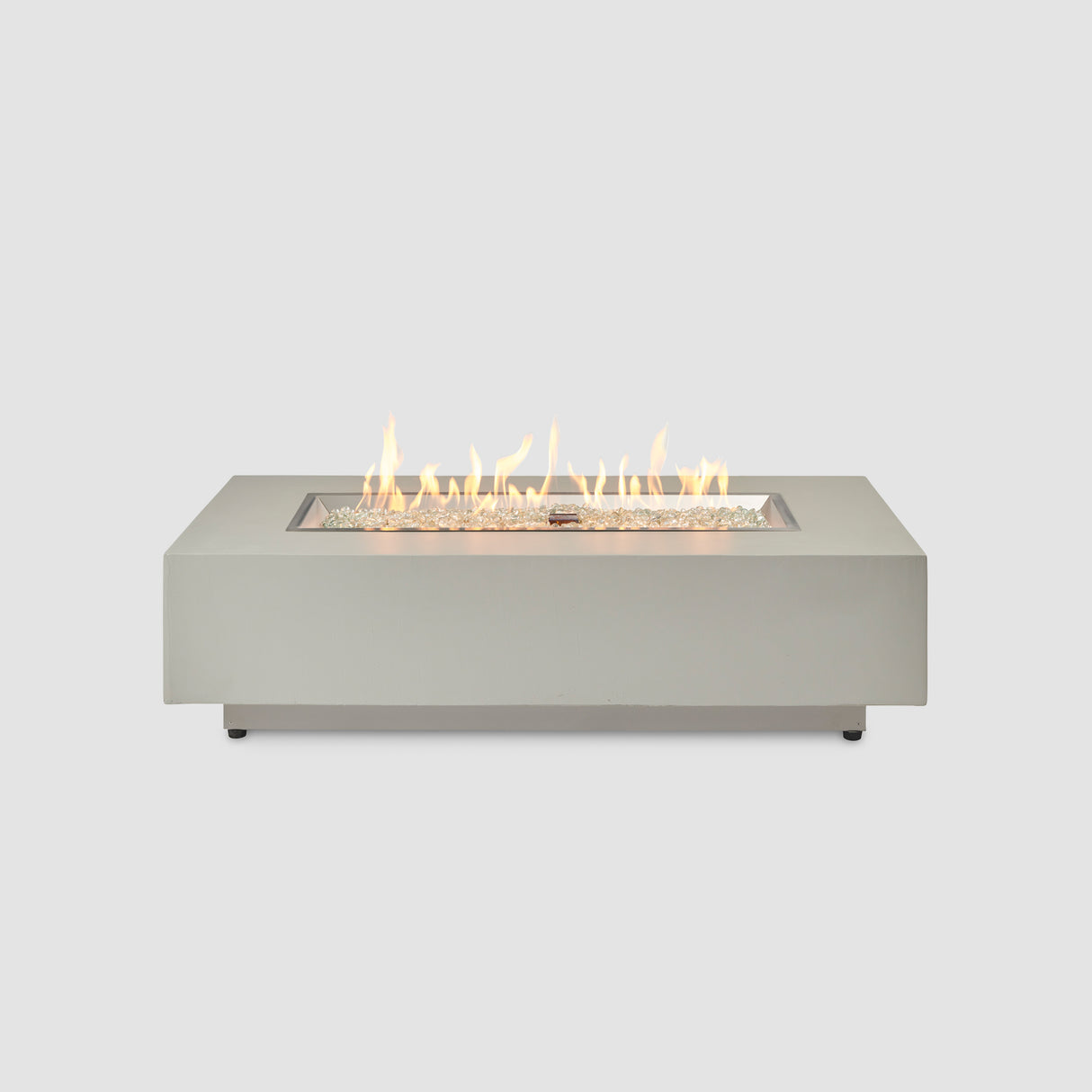 The front of a The Harbor View Rectangular Gas Fire Pit Table on a grey background