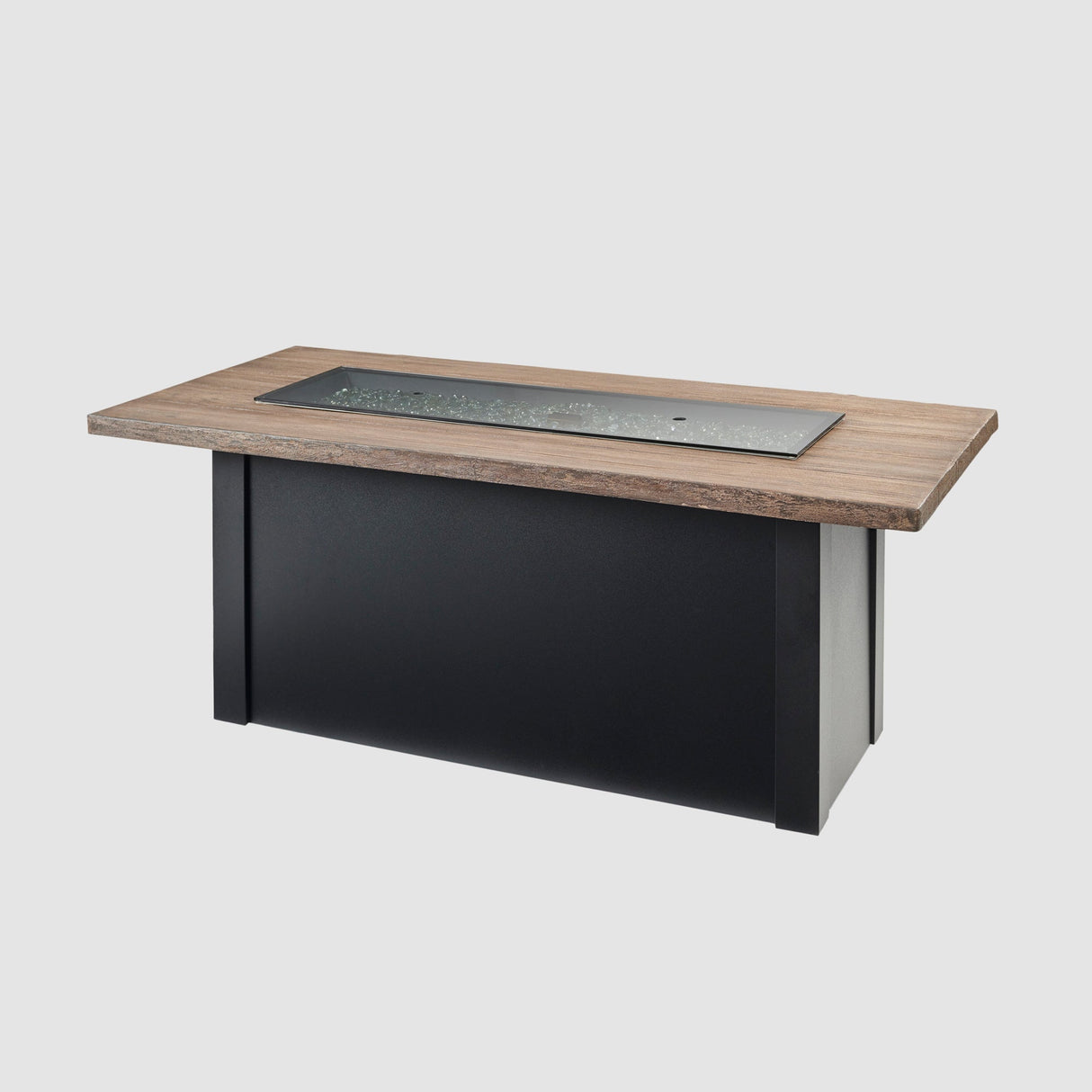 A cover placed on the top of a Havenwood Linear Gas Fire Pit Table with a Driftwood top and Luverne Black base on a grey background