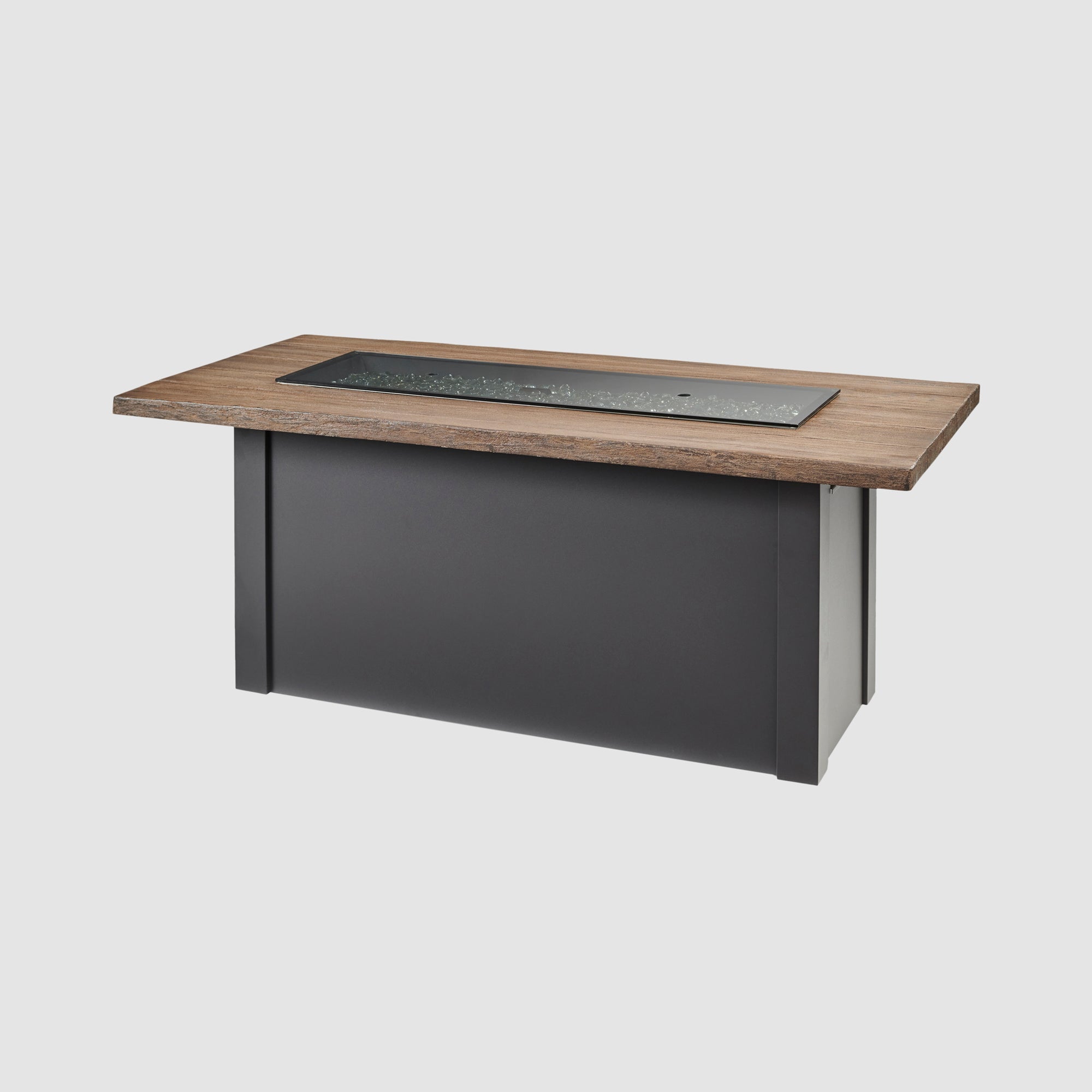 A cover placed on the top of a Havenwood Linear Gas Fire Pit Table with a Driftwood top and Graphite Grey base