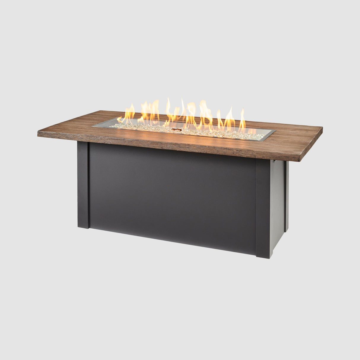 Havenwood Linear Gas Fire Pit Table with a Driftwood top and Graphite Grey base on a grey background