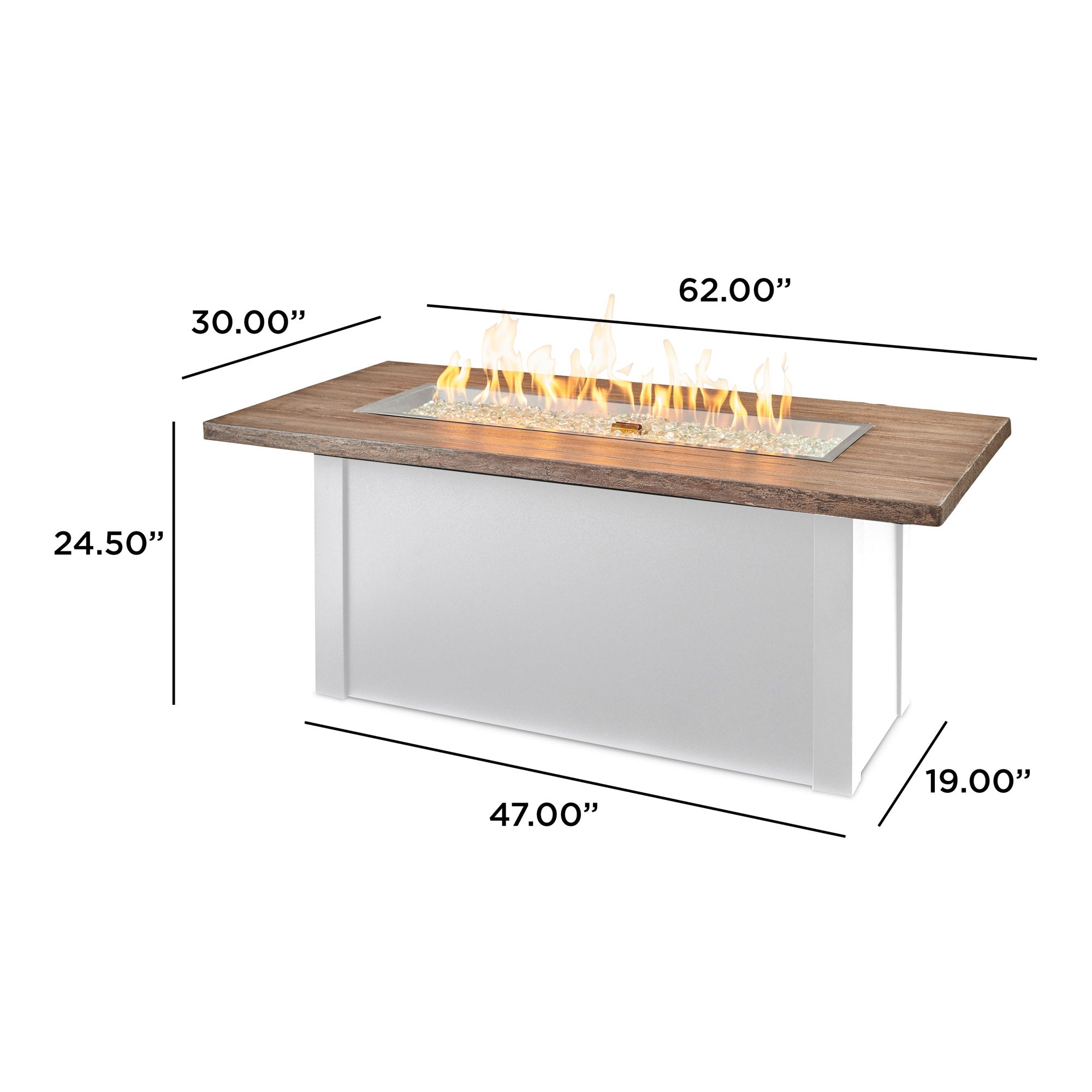 Dimensions overlaid on a Havenwood Linear Gas Fire Pit Table with the Driftwood top and White base