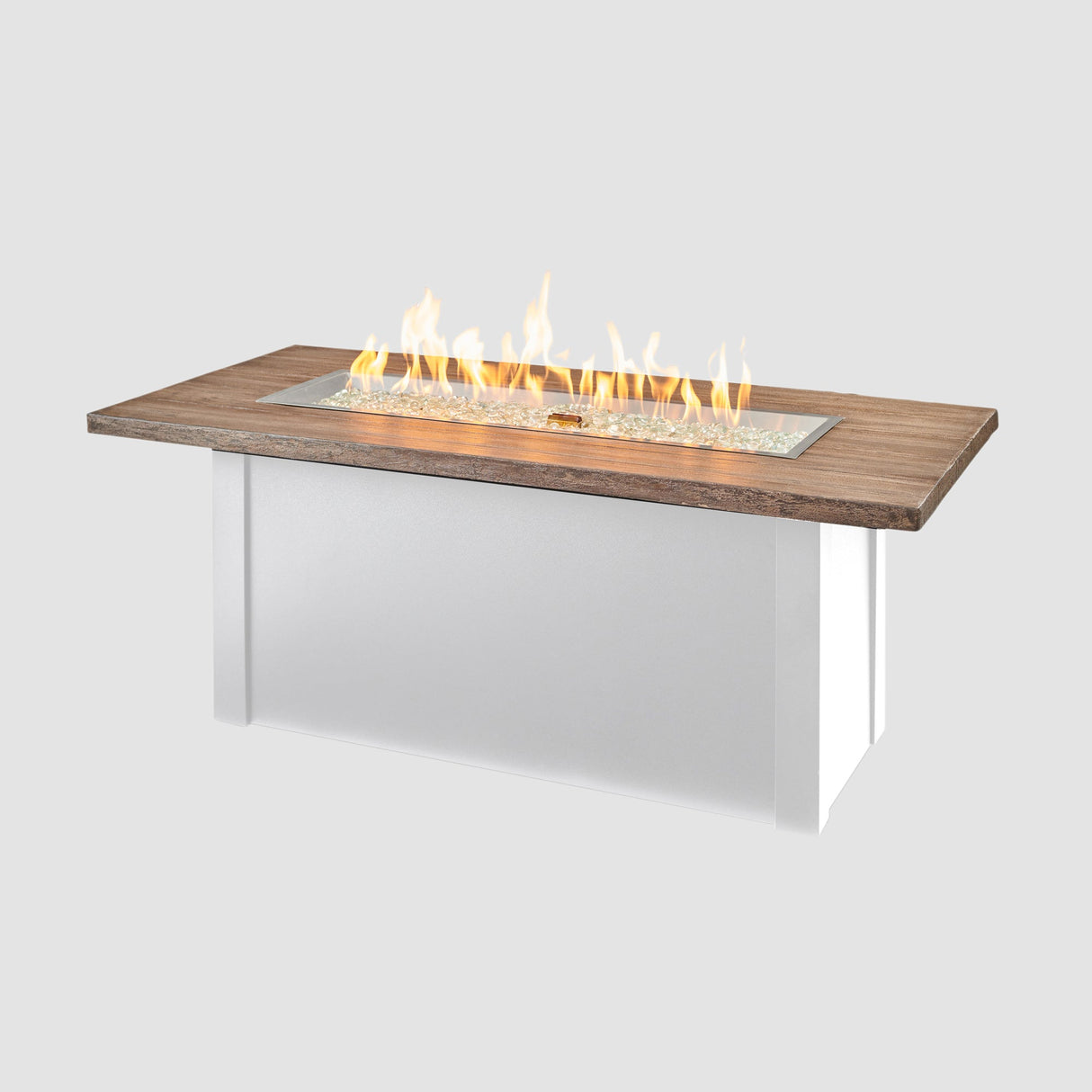 Havenwood Linear Gas Fire Pit Table with a Driftwood top and White base on a grey background