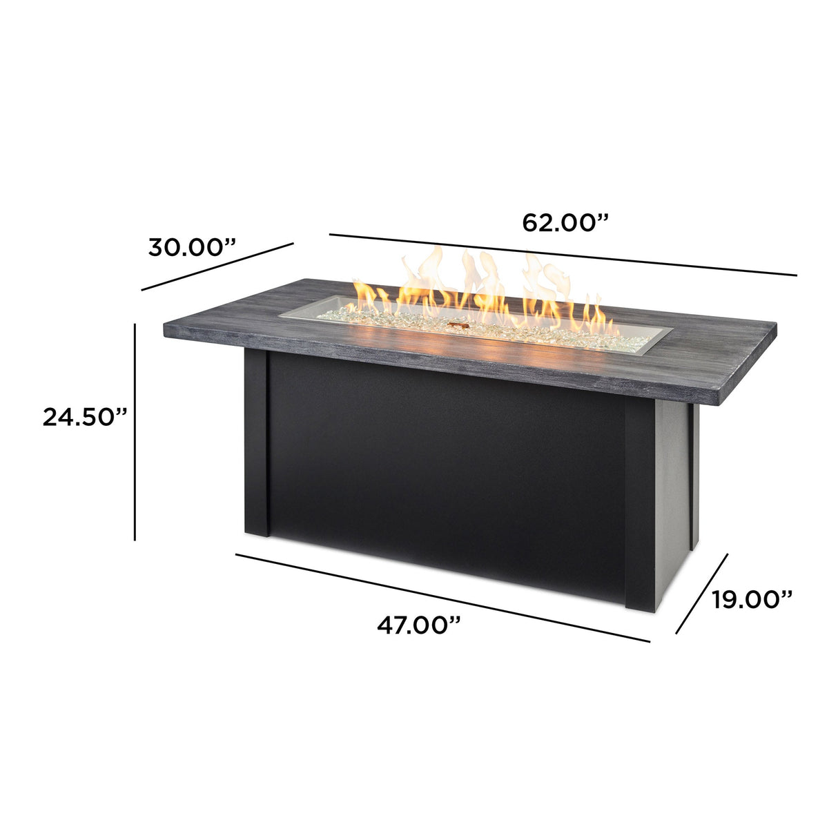 Dimensions overlaid on a Havenwood Linear Gas Fire Pit Table with the Carbon Grey top and Luverne Black base
