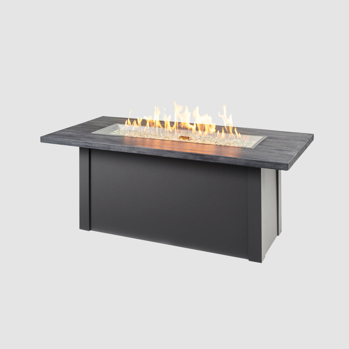 Havenwood Linear Gas Fire Pit Table with a Carbon Grey top and Graphite Grey base on a grey background