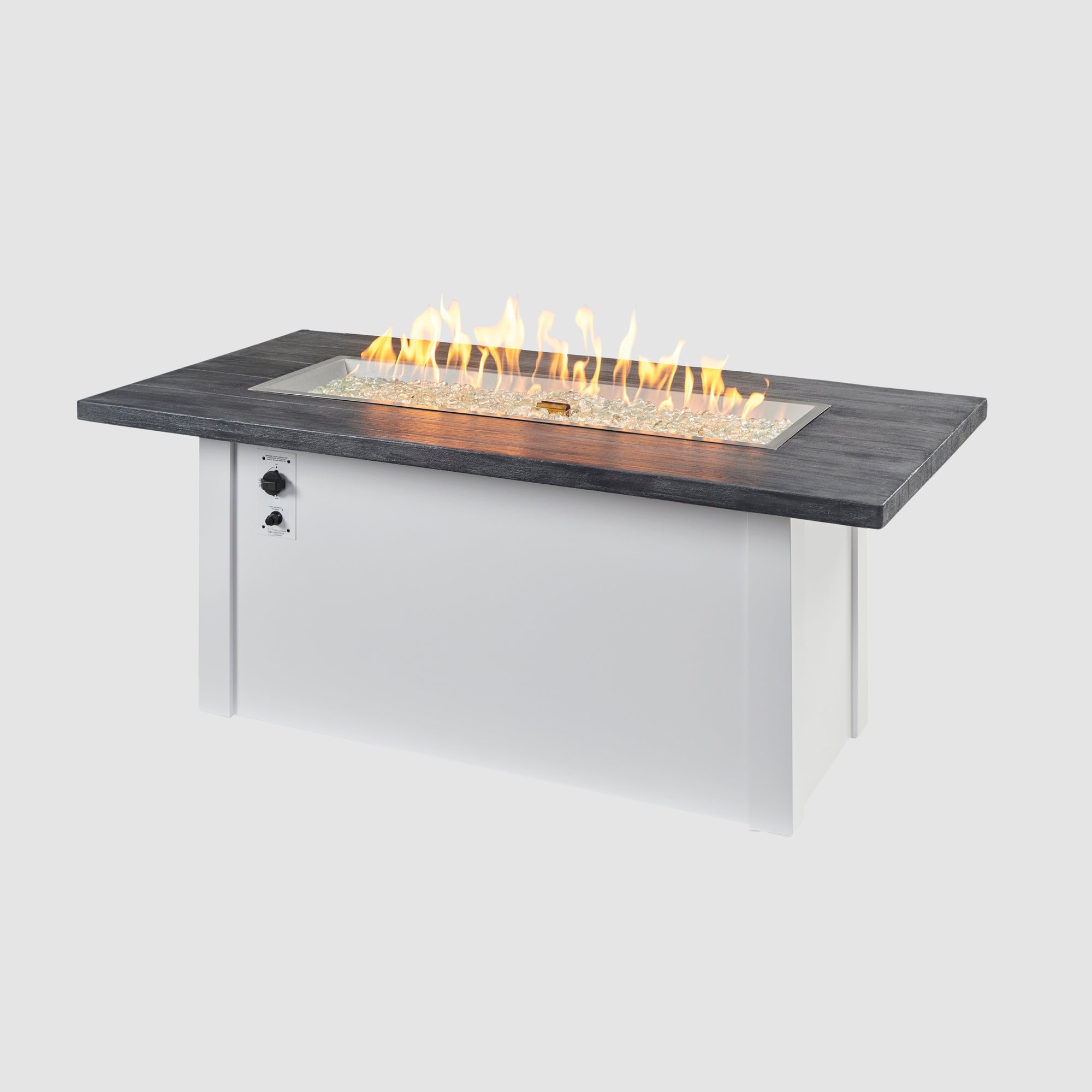 Havenwood Linear Gas Fire Pit Table with a Carbon Grey top and White base on a grey background