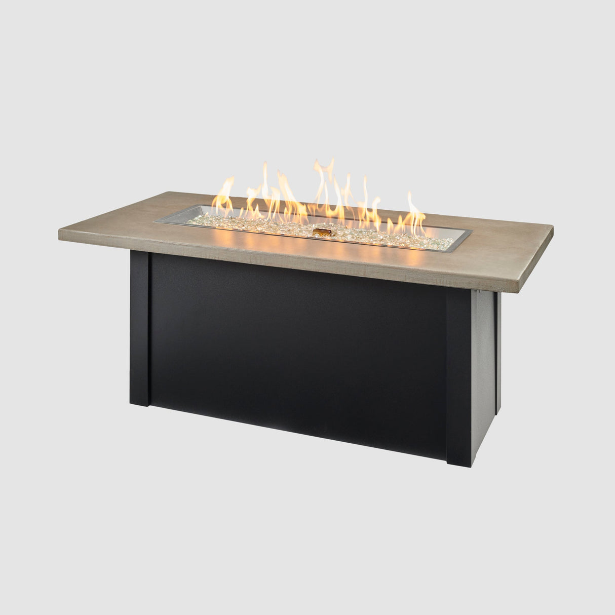 Havenwood Linear Gas Fire Pit Table with a Pebble Grey top and Luverne Black base on a grey background