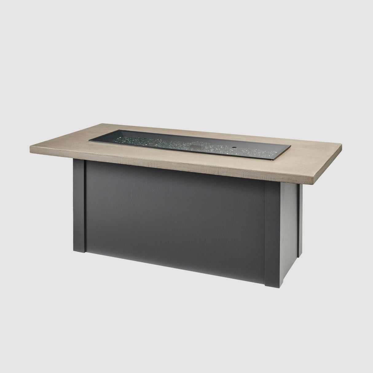 A cover placed on the burner of a Havenwood Linear Gas Fire Pit Table with a Pebble Grey top and Graphite Grey base