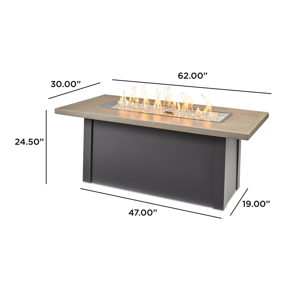 Dimensions overlaid on the Havenwood Linear Gas Fire Pit Table with a Pebble Grey top and Graphite Grey base