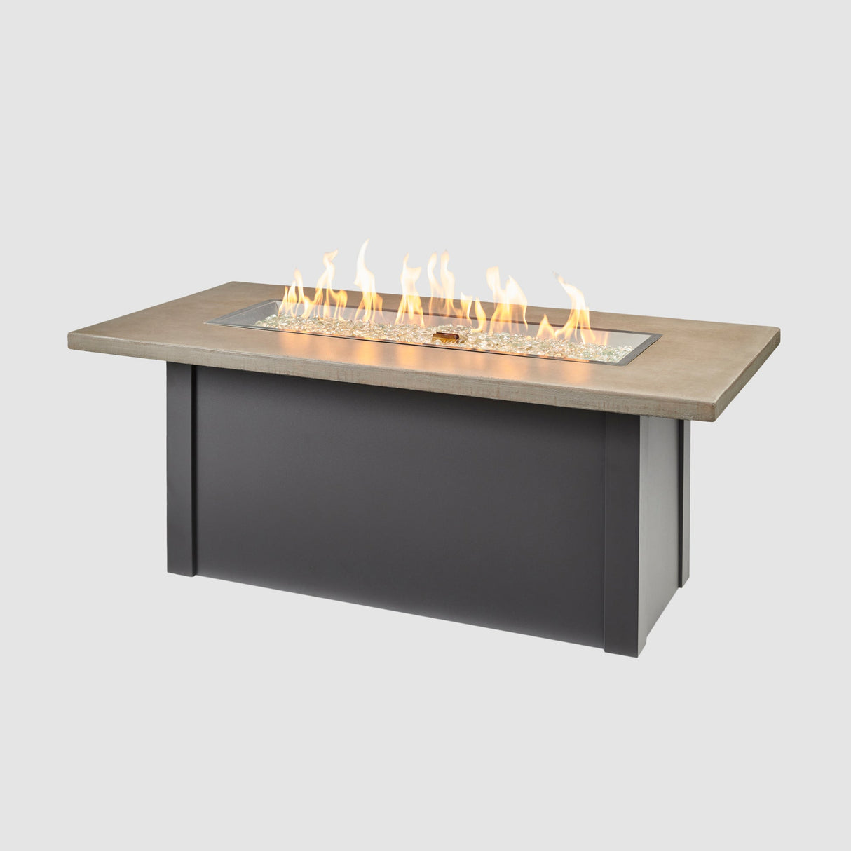 Havenwood Linear Gas Fire Pit Table with a Pebble Grey top and Graphite Grey base on a grey background