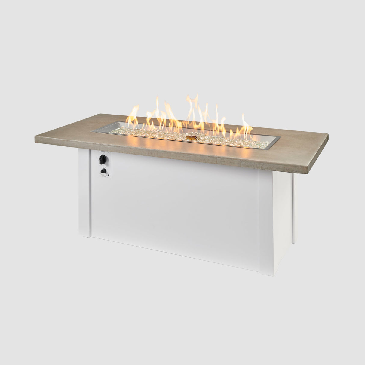Havenwood Linear Gas Fire Pit Table with a Pebble Grey top and White base on a grey background