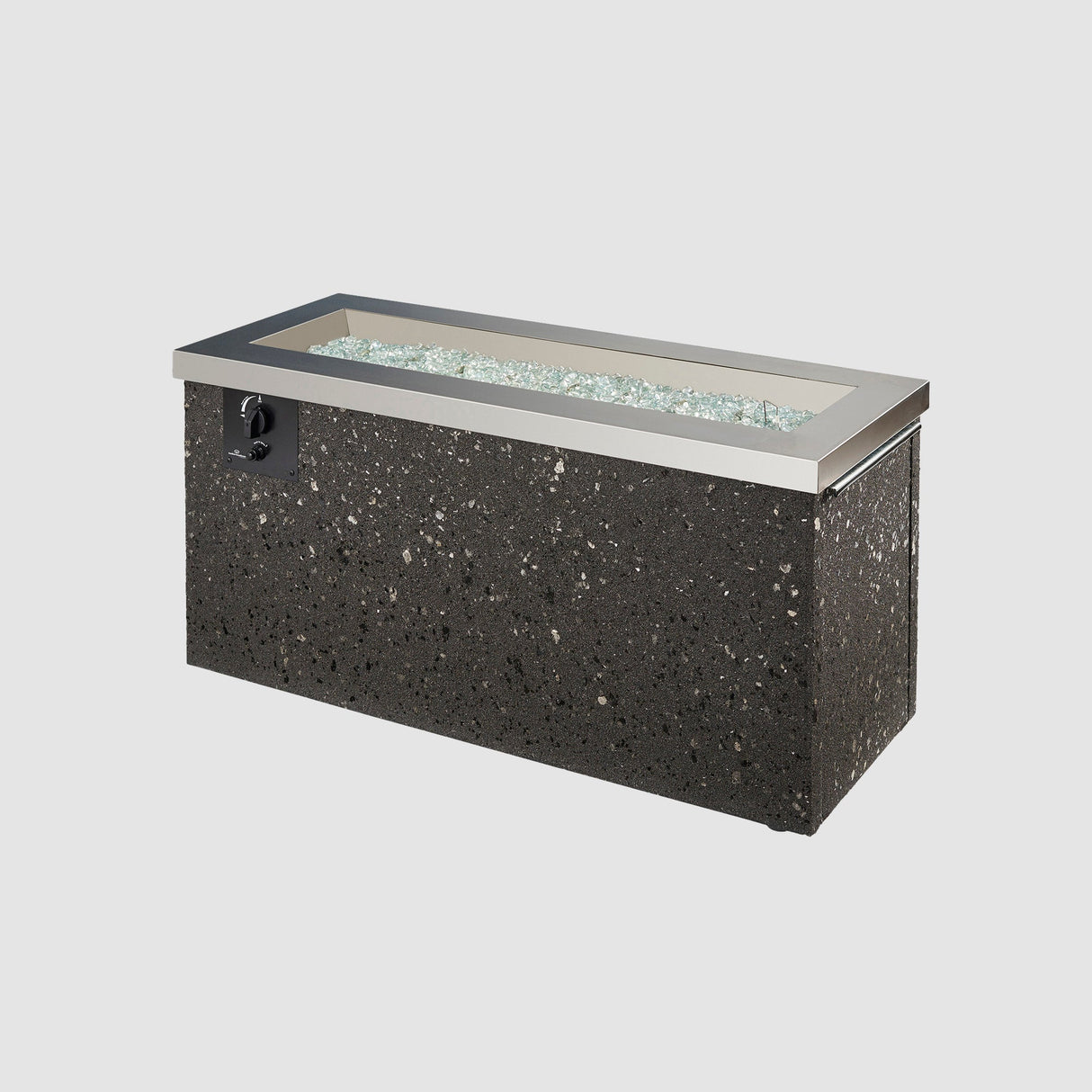 Stainless Steel Key Largo Linear Gas Fire Pit Table with fire media on top of the burner on a grey background