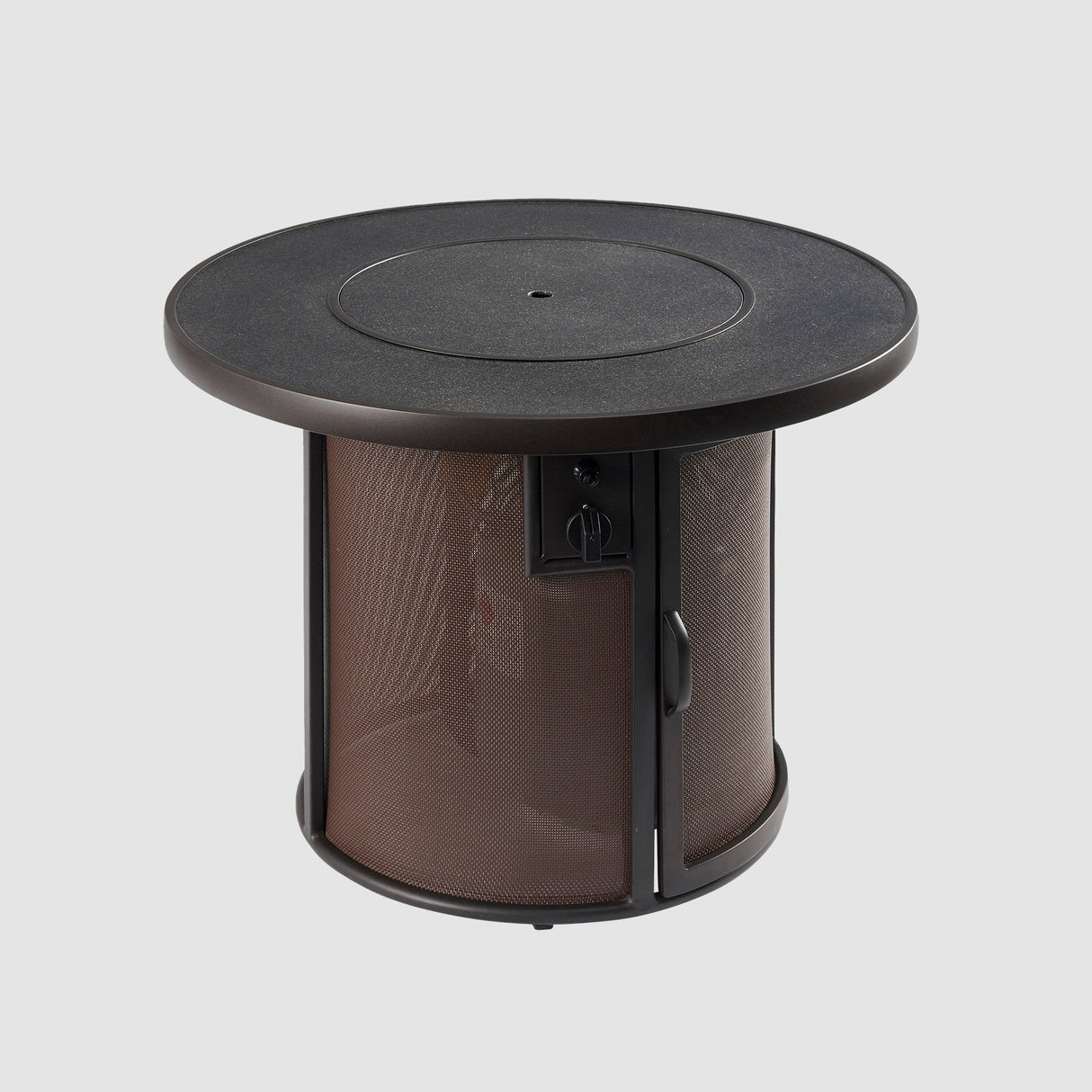 A cover placed on the Brown Stonefire Round Gas Fire Pit Table