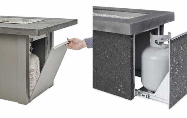 A side-by-side photo of the side access door on a linear gas fire pit table