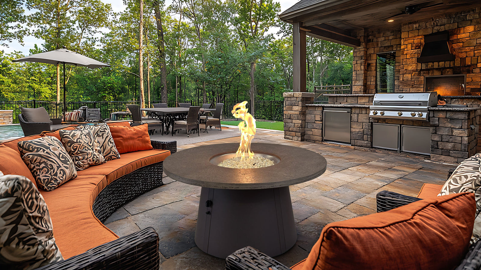 A Cirvalo 48" Gas Fire Pit Table with a Fossil Brown top and Brown aluminum base.