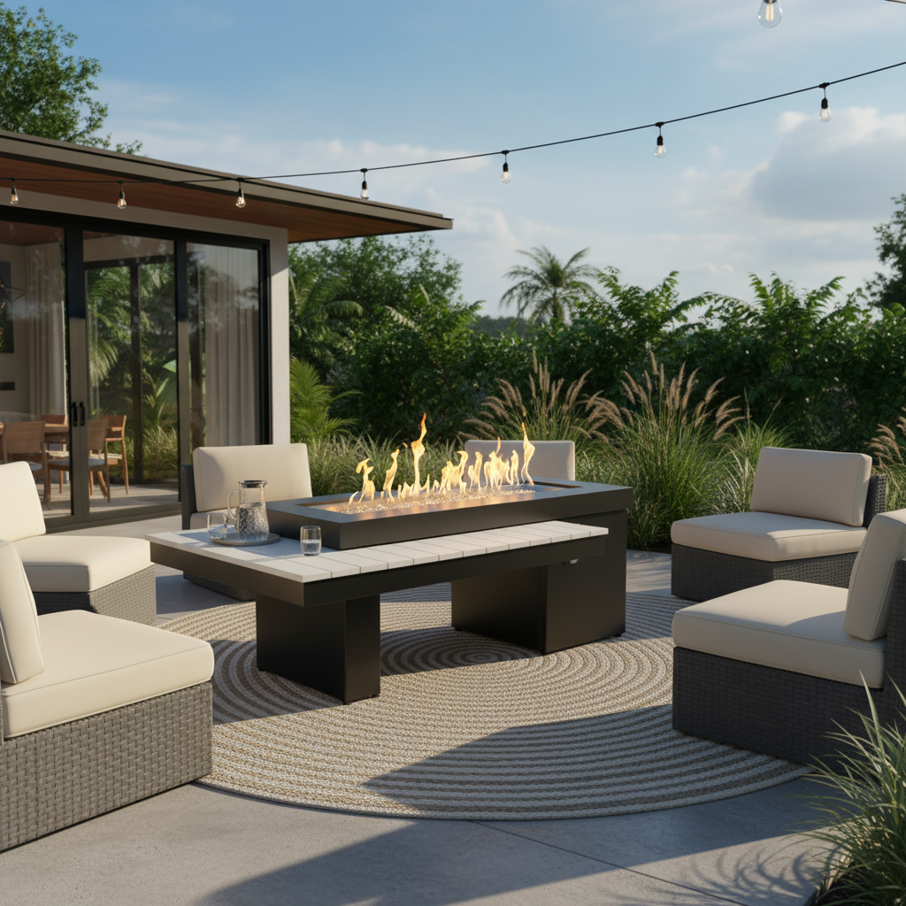 An Uptown Gas Fire Pit table on a tropical patio. Ambient and lighting and greenery frame the scene while a house looms in the backgroundl