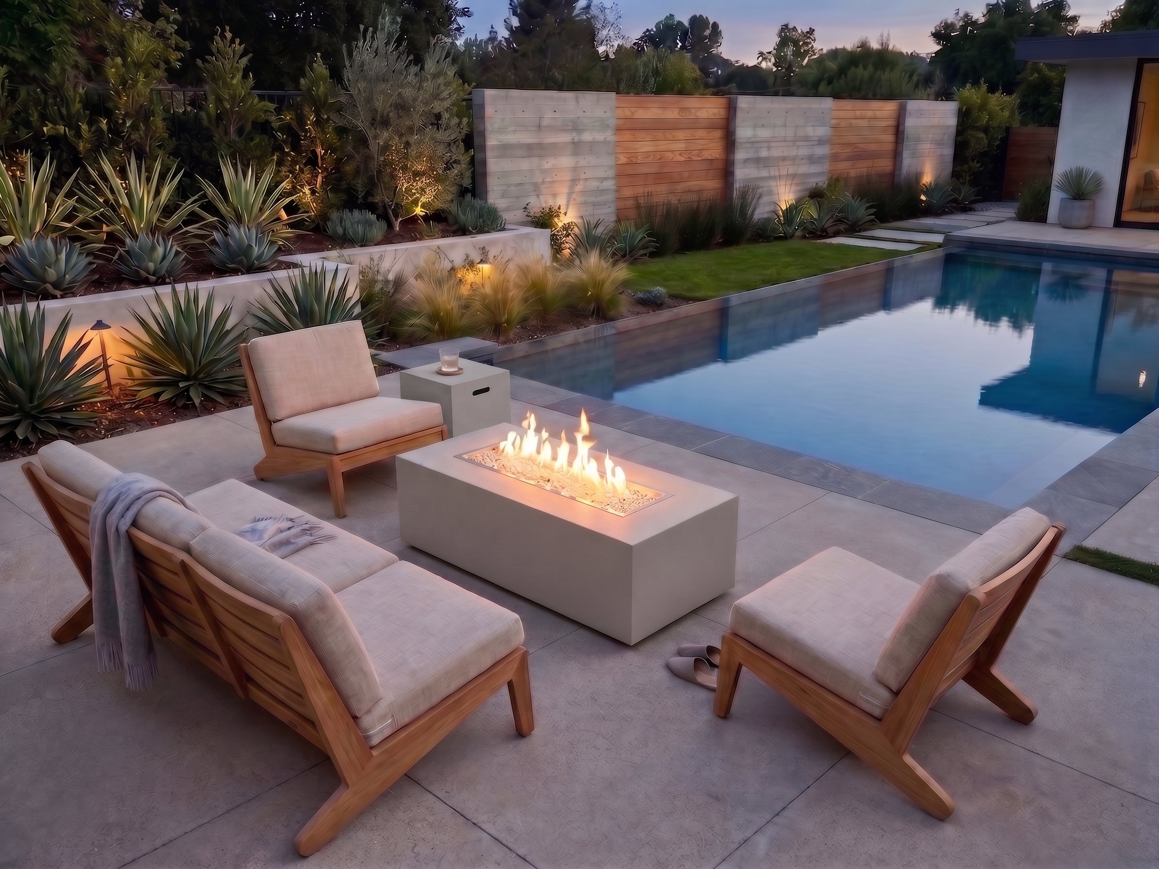 Vosera faux concrete gas fire pit table with end table in Natural Grey