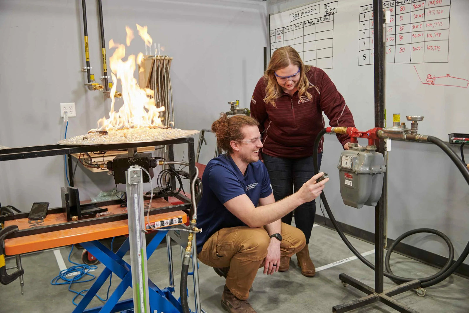 Connor Burmeister and Monica Turner analyze a DSI burner in The Outdoor GreatRoom Company engineering lab.