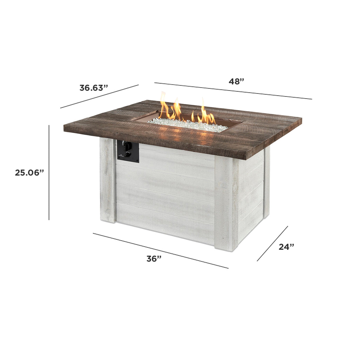 Dimensions overlaid on the Alcott Rectangular Gas Fire Pit Table