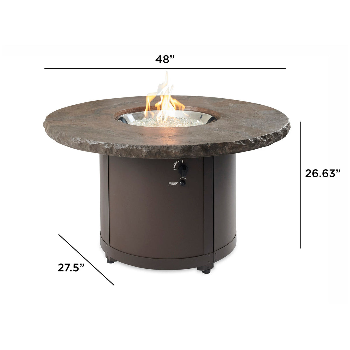 Dimensions overlaid on the Marbleized Noche Beacon Round Gas Fire Pit Table
