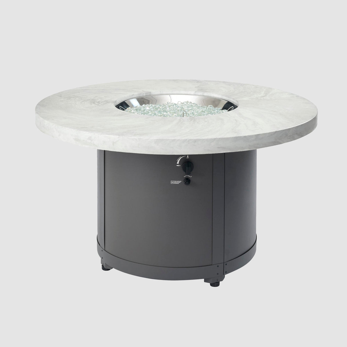 The White Onyx Beacon Round Gas Fire Pit Table with no cover on