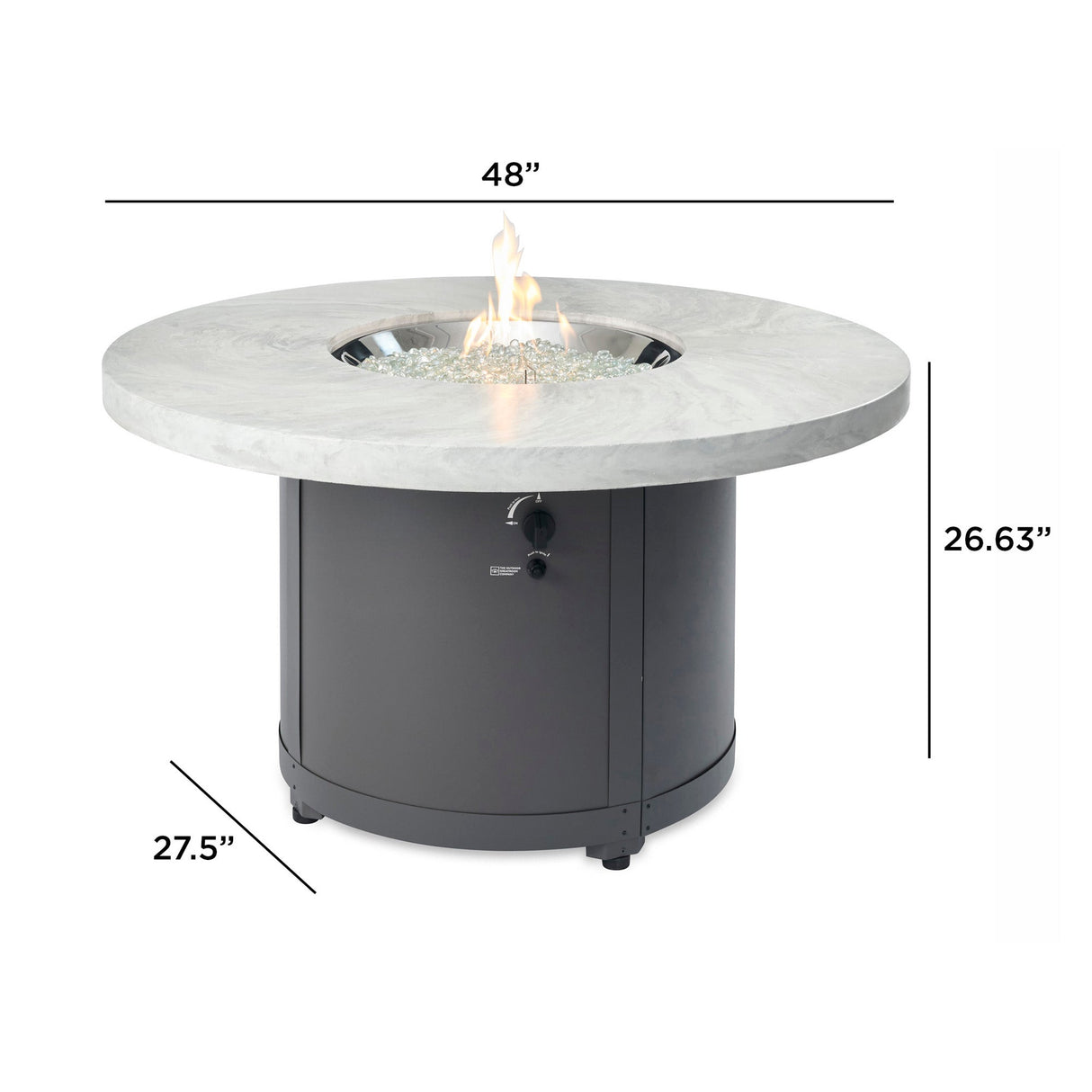 Dimensions overlaid on the White Onyx Beacon Round Gas Fire Pit Table