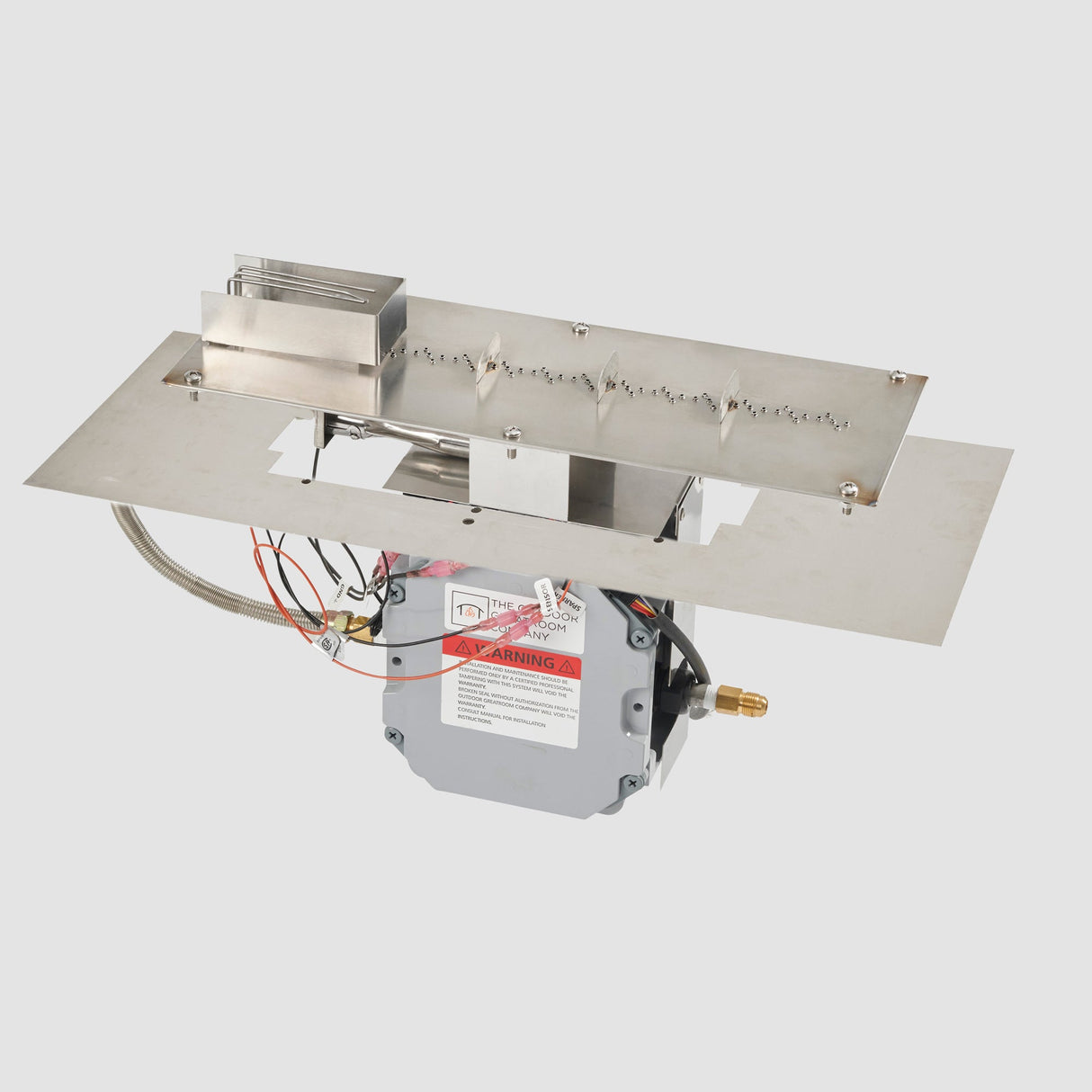 The 24" Crystal Fire Plus Linear Gas Burner Insert and Plate Kit with Direct Spark Ignition on a grey background