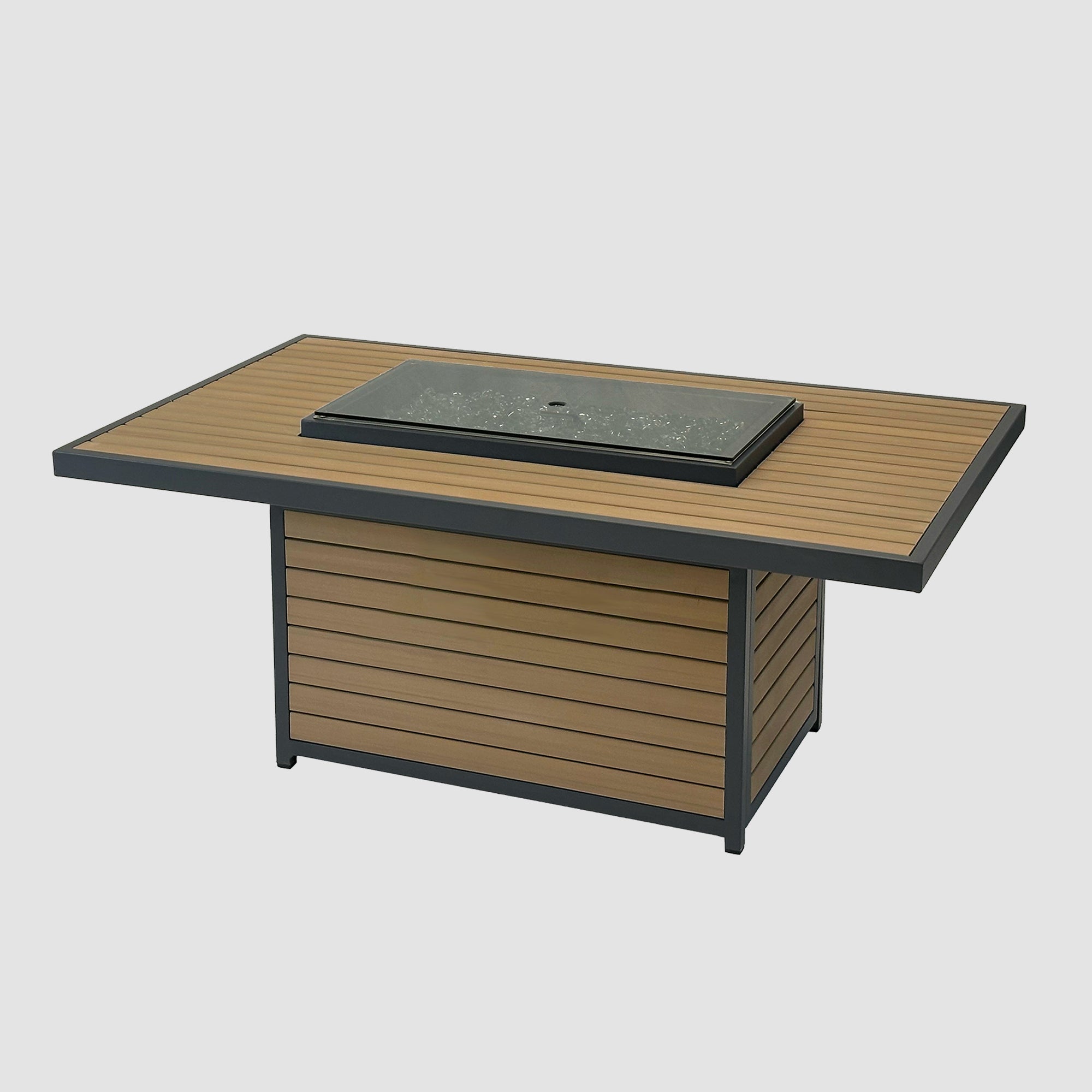 The Brooks Rectangular Light Tan Gas Fire Pit Table with a glass cover on a grey background