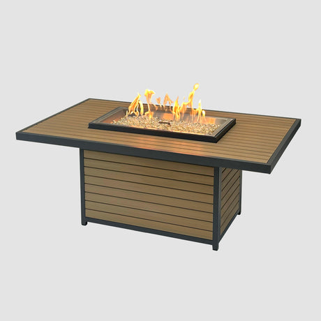 The Brooks Rectangular Light Tan Gas Fire Pit Table with flame on a grey background