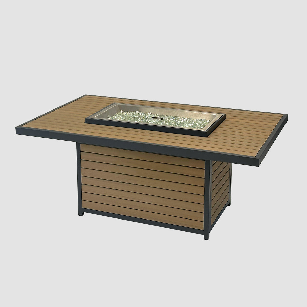 The Brooks Rectangular Light Tan Gas Fire Pit Table on a grey background