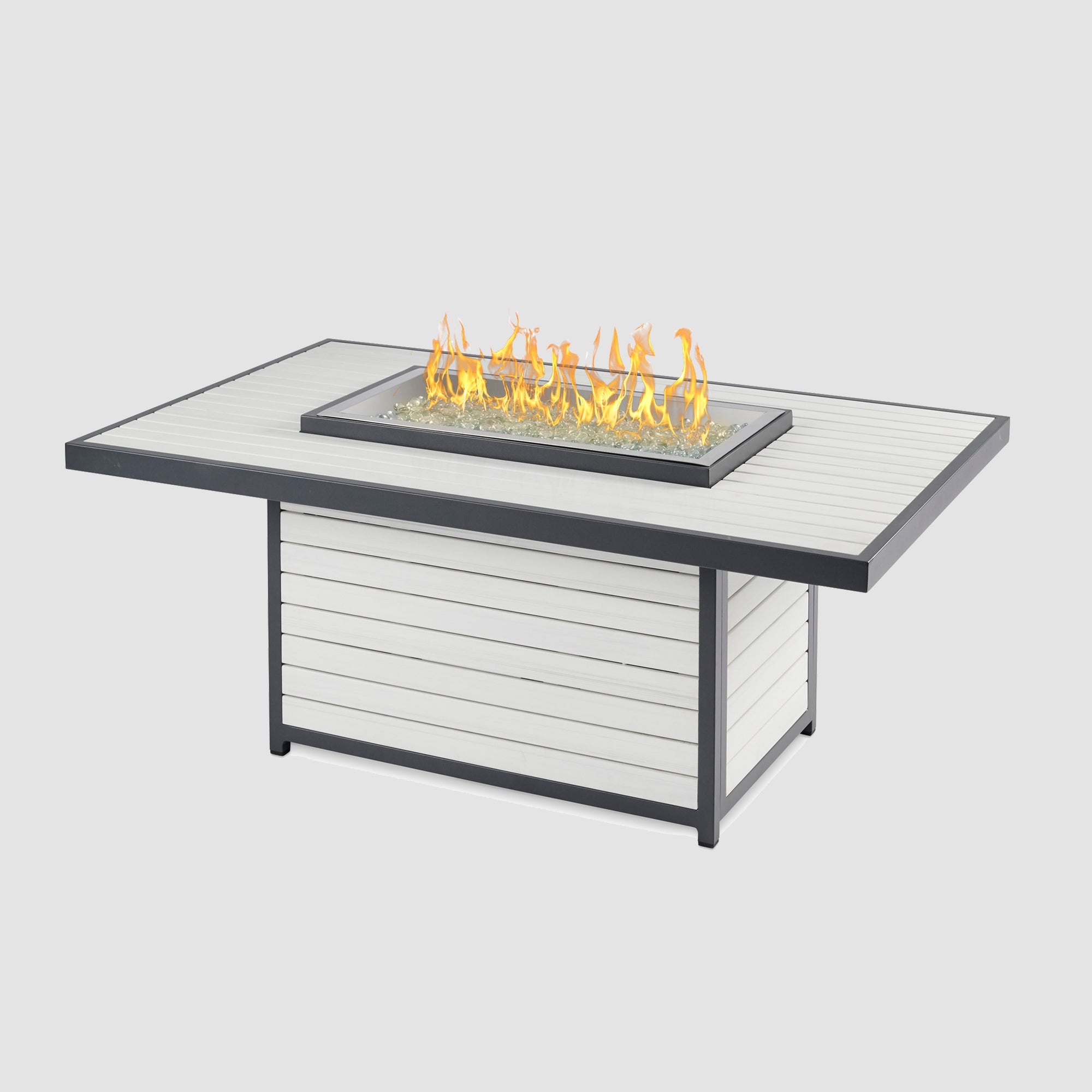 The Brooks Rectangular White Gas Fire Pit Table with flame on a grey background