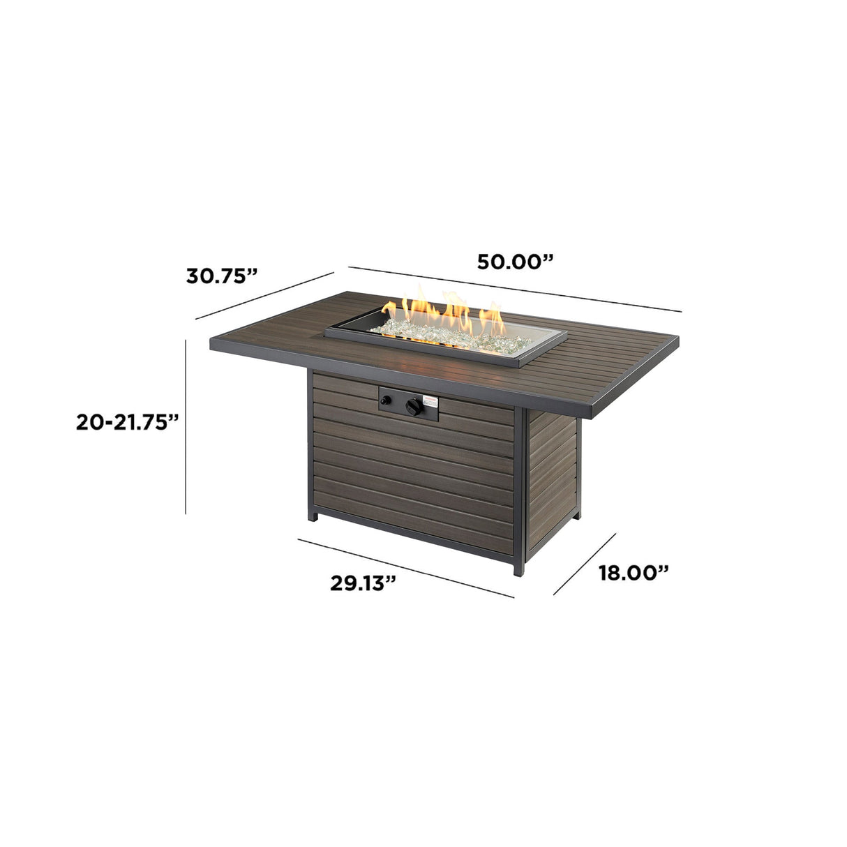 Dimensions overlaid on a Brooks Rectangular Gas Fire Pit Table
