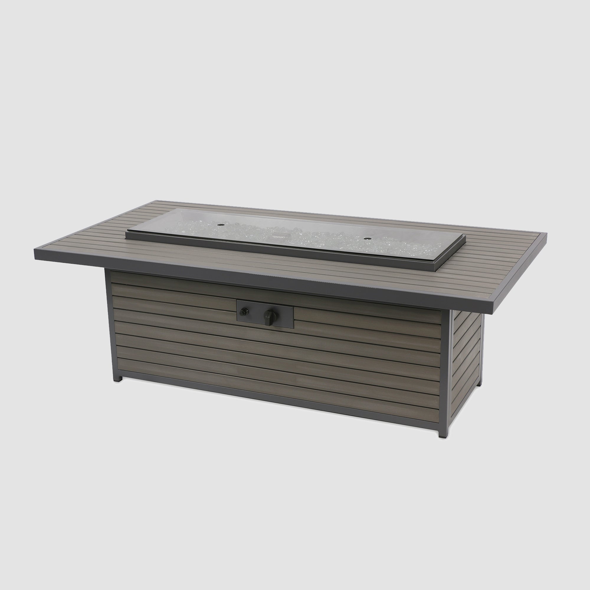 The Brooks Linear Gas Fire Pit Table with a glass cover on a grey background