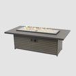 The Brooks Linear Gas Fire Pit Table with flame on a grey background