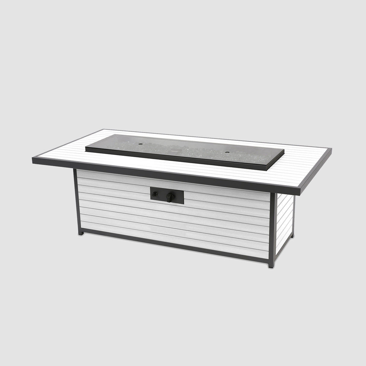 The Brooks Linear White Gas Fire Pit Table with glass cover on a grey background