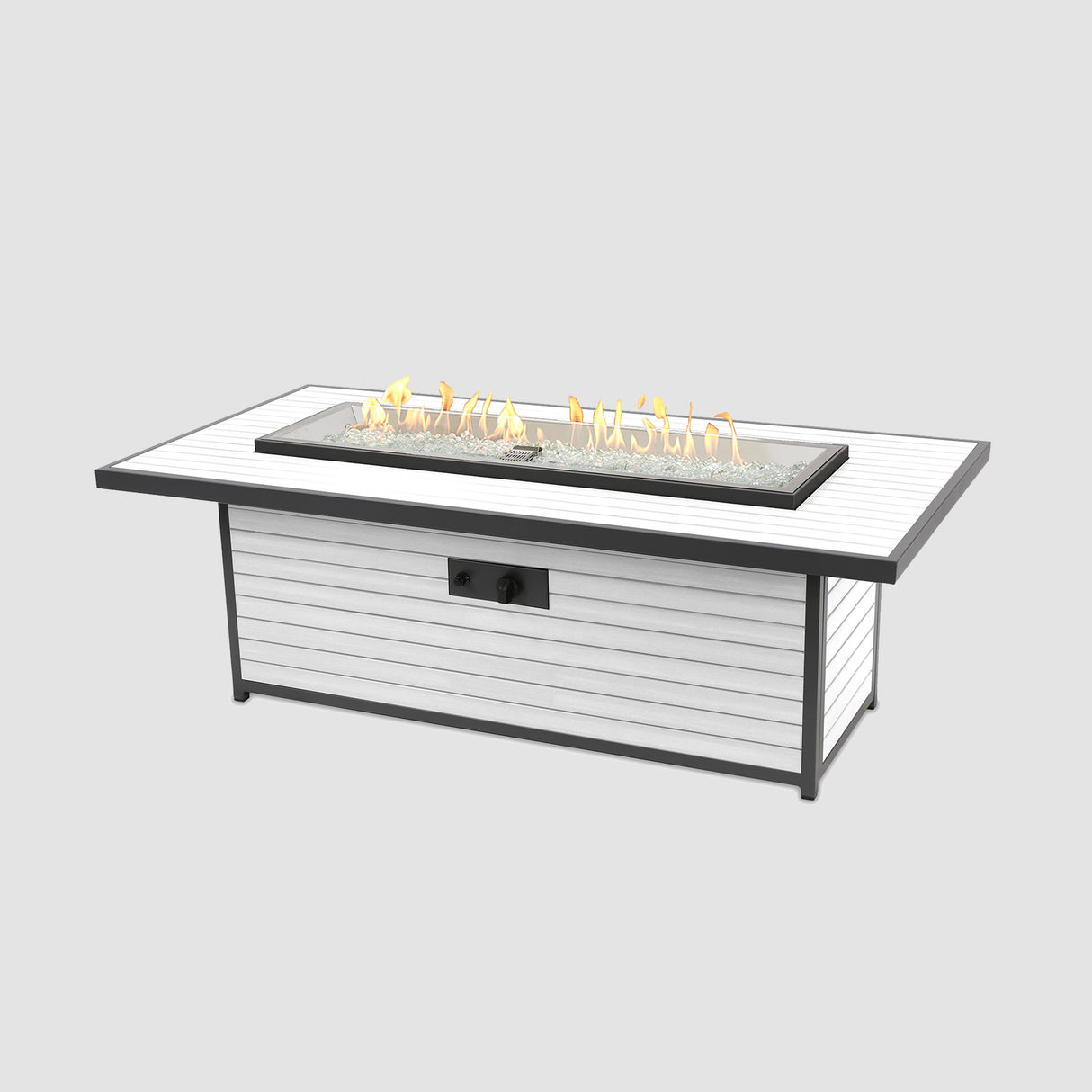 The Brooks Linear White Gas Fire Pit Table with flame on a grey background