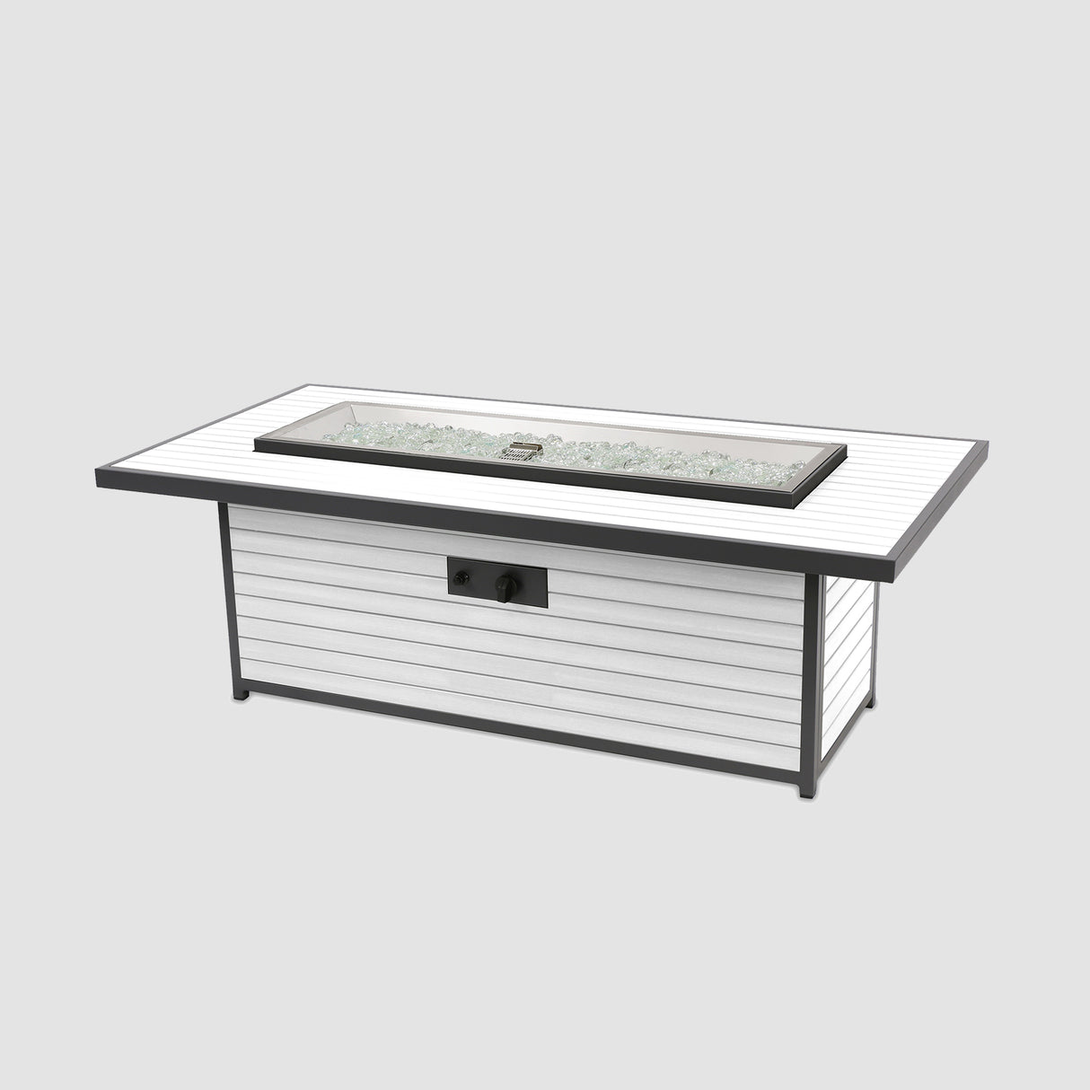 The Brooks Linear White Gas Fire Pit Table on a grey background