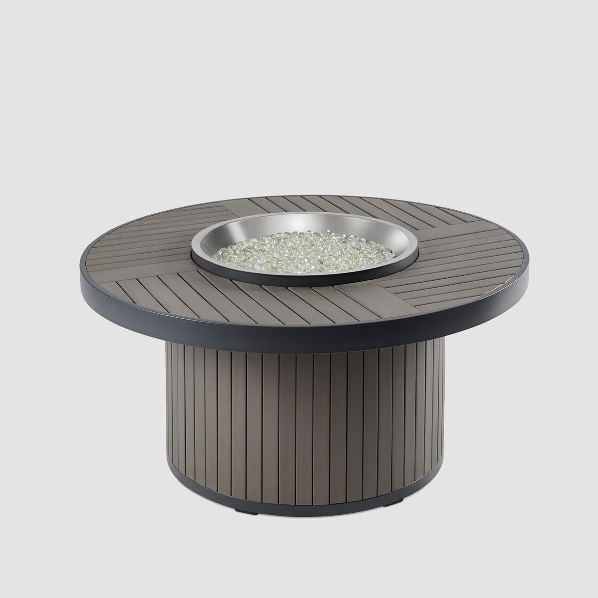 The Brooks Round Gas Fire Pit Table on a grey background