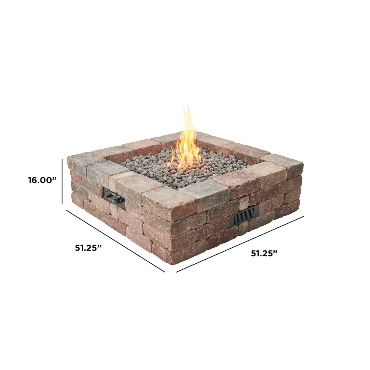 Dimensions overlaid on the Bronson Block Square Gas Fire Pit Kit
