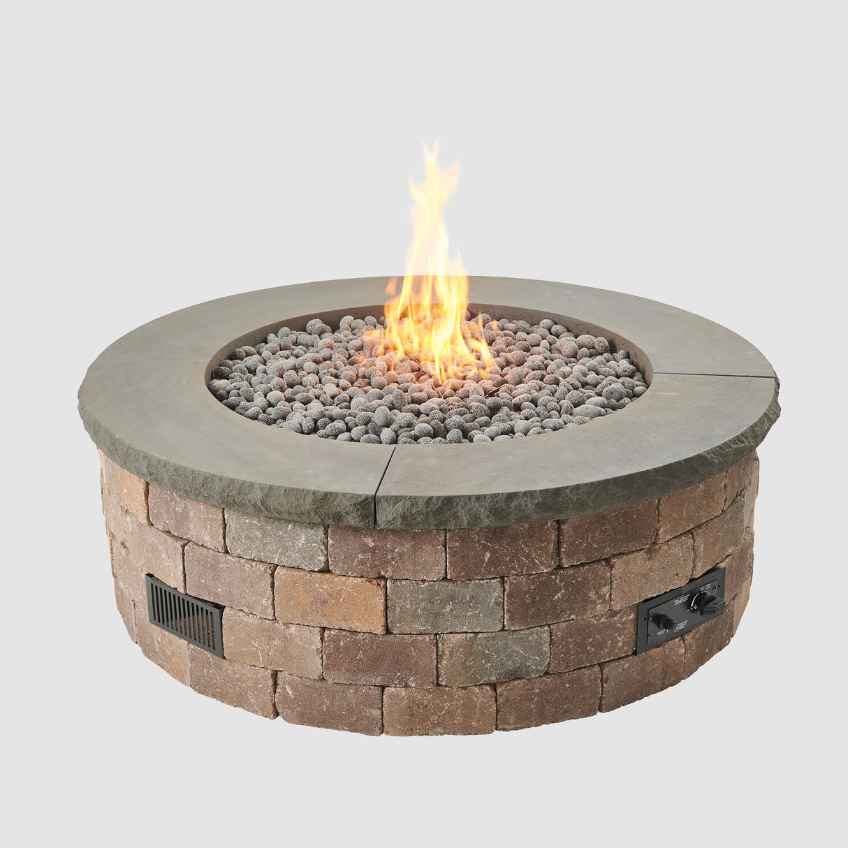 Charcoal Grey Concrete Top for Round Bronson Block Gas Fire Pit Kit with flame on grey background