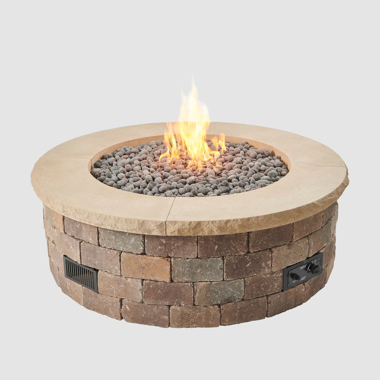 Limestone Tan Concrete Top for Round Bronson Block Gas Fire Pit Kit with flame on grey background