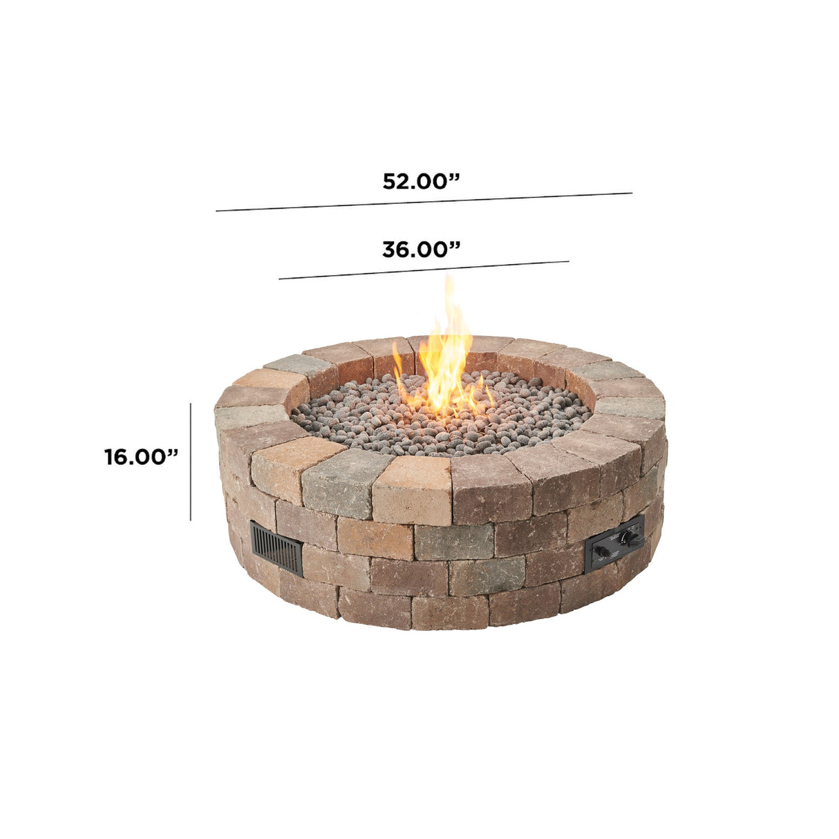Dimensions overlaid on a Bronson Block Round Gas Fire Pit Kit