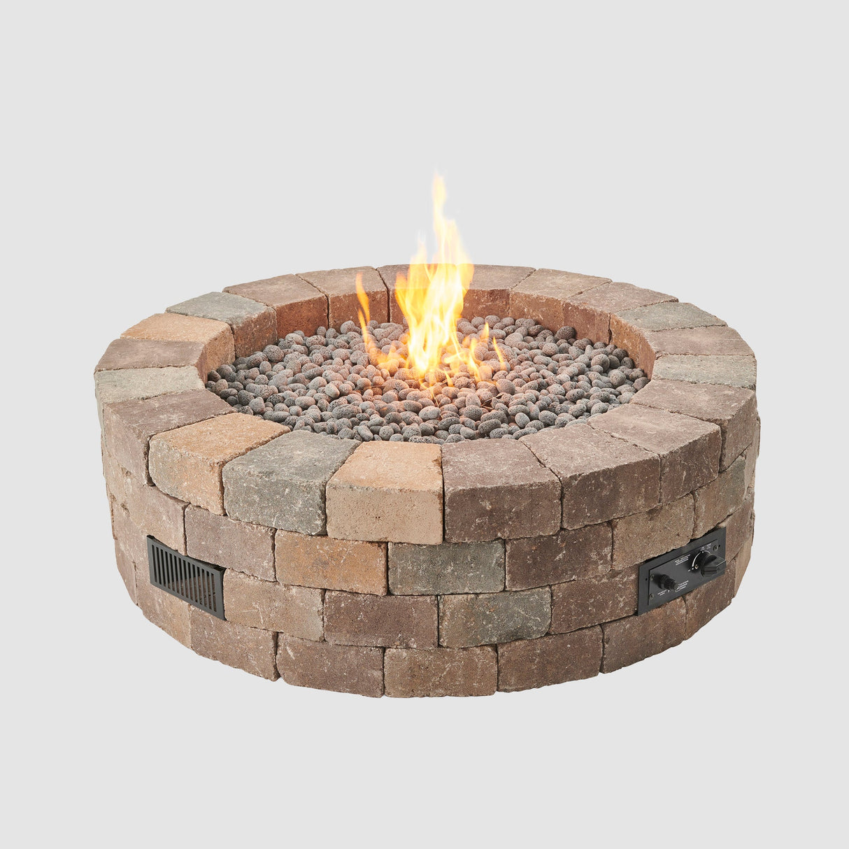 Bronson Block Round Gas Fire Pit Kit on a grey background
