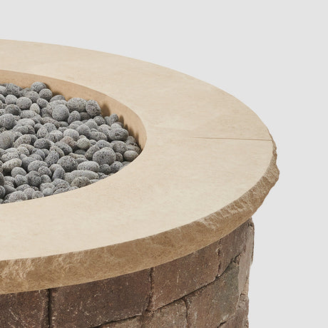 Limestone Tan Concrete Top for Round Bronson Block Gas Fire Pit Kit on grey background