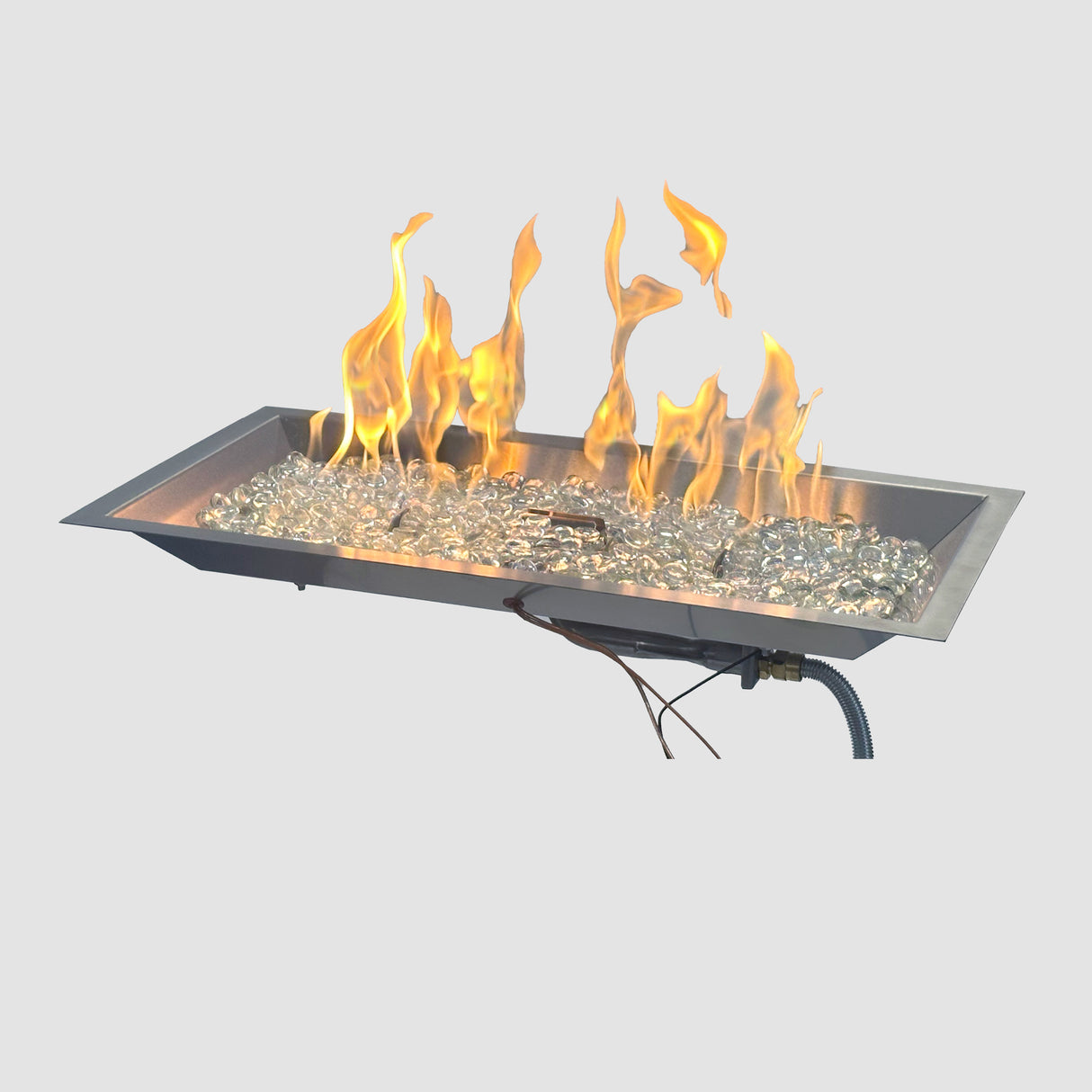 The 24" Crystal Fire Plus Linear Gas Burner with flames on a grey background